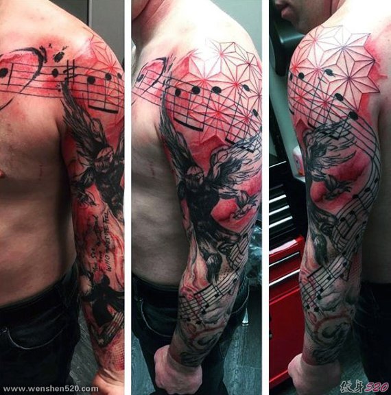 男性的摇滚音乐主题风格花臂纹身图案