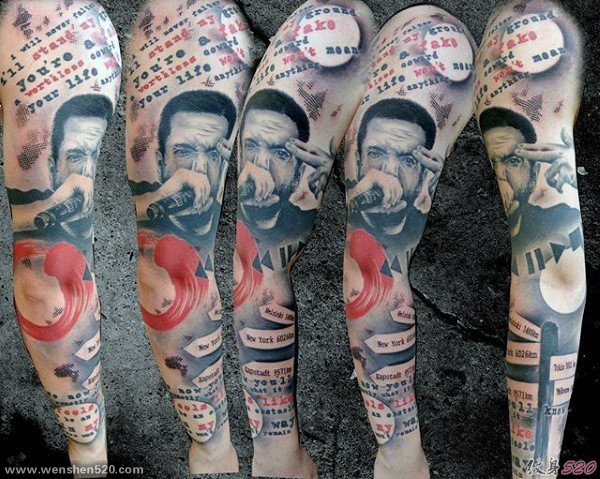 男性的摇滚音乐主题风格花臂纹身图案