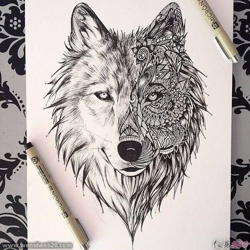 黑色帅气的双面风格的狼纹身图片手稿