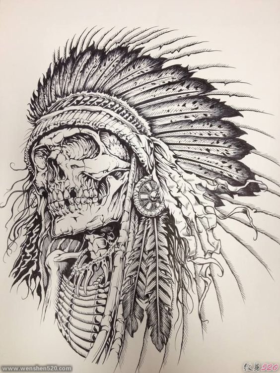 帅气的印第安狼头骷髅骨架纹身图案手稿