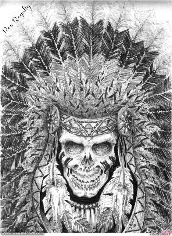 帅气的印第安狼头骷髅骨架纹身图案手稿