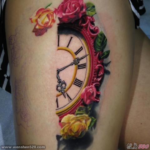 手臂和腿部上的各种时钟纹身图案
