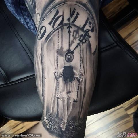手臂和腿部上的各种时钟纹身图案