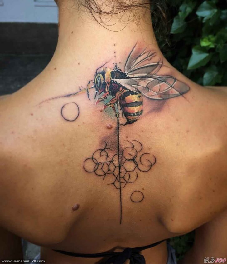 女子背部脊椎骨上的线条和蜜蜂纹身图片