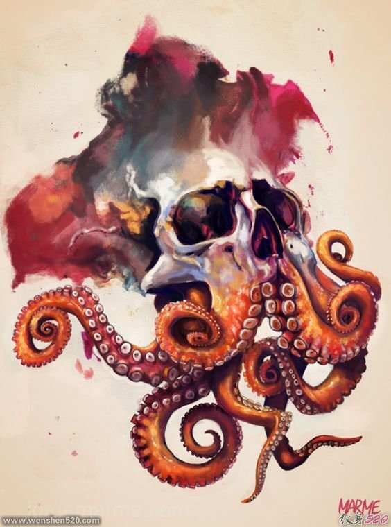 大章鱼骷髅头纹身图案手稿素材