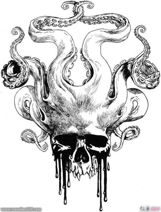 大章鱼骷髅头纹身图案手稿素材