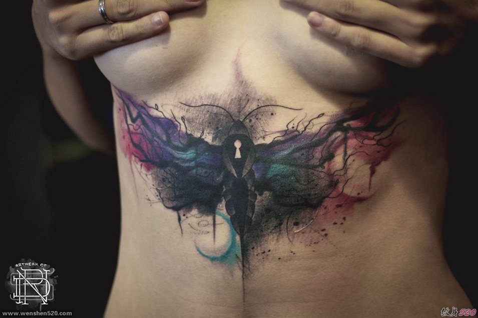 女性腹部漂亮的水彩飞蛾纹身图片