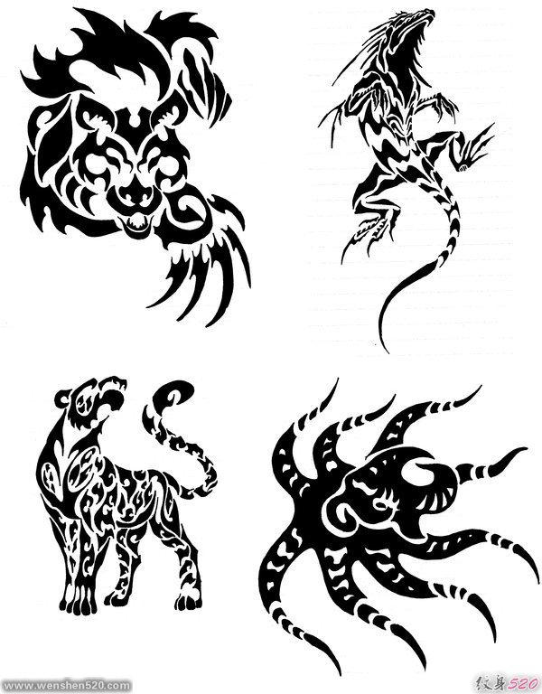 多款帅气的黑色动物图腾纹身图案手稿