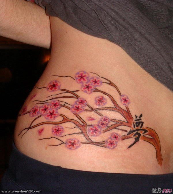 女生腰部漂亮的梅花和"夢"字纹身图片
