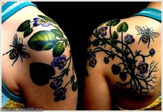 情侣肩膀同款蜜蜂和植物纹身图片