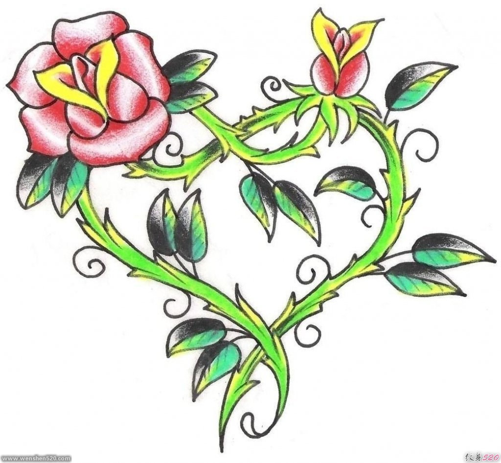 漂亮的心形花卉纹身图片手稿
