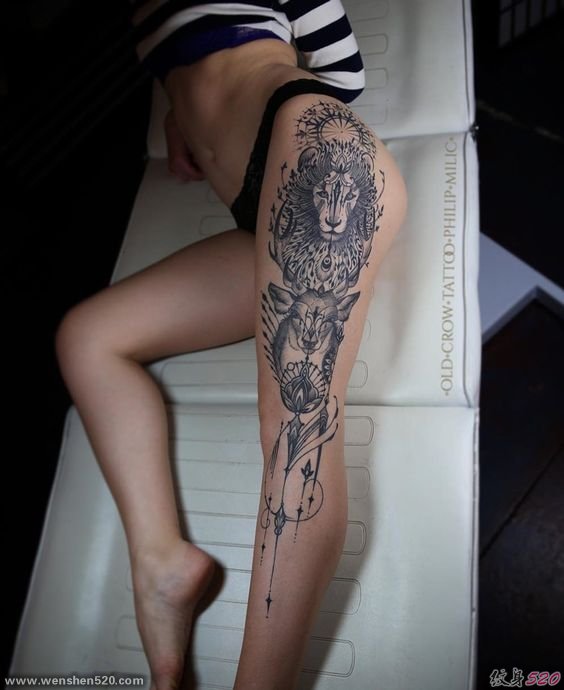 女性大腿上各种样式漂亮的纹身图案