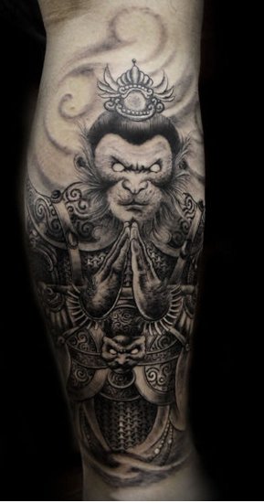 小腿孙悟空纹身，小腿孙猴子纹身，北大街纹身，远航纹身