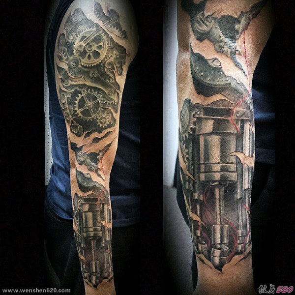刚强有力的男性生物机械齿轮花臂纹身图案