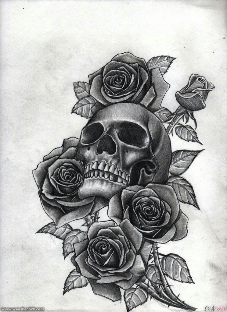 多款黑灰色骷髅头和玫瑰花纹身图案手稿素材