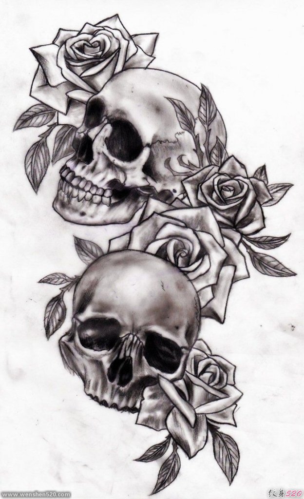 多款黑灰色骷髅头和玫瑰花纹身图案手稿素材