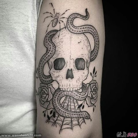 手臂上帅气的黑色骷髅头和蛇纹身图片