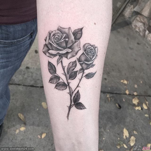 漂亮的黑色带刺玫瑰花纹身图案