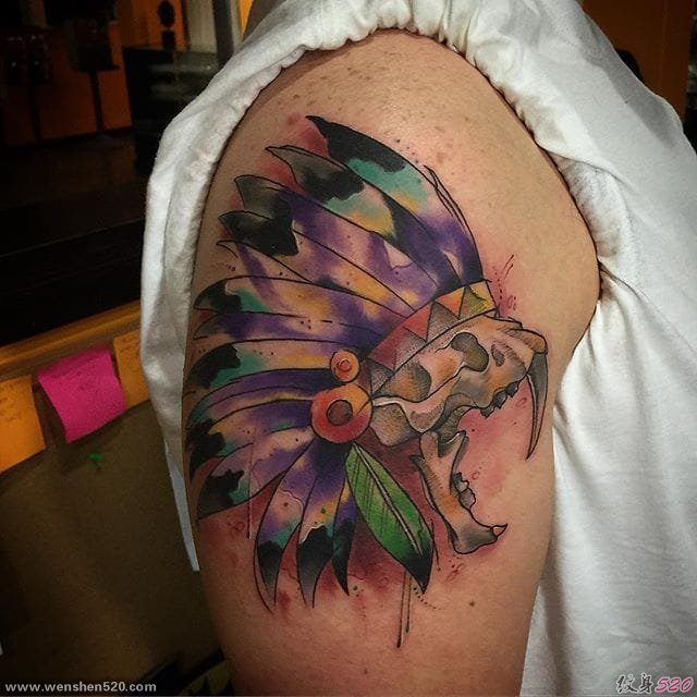 10款漂亮的水彩印第安风格羽毛头饰纹身图案