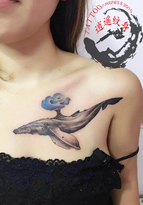 女生胸部鲸鱼纹身图片