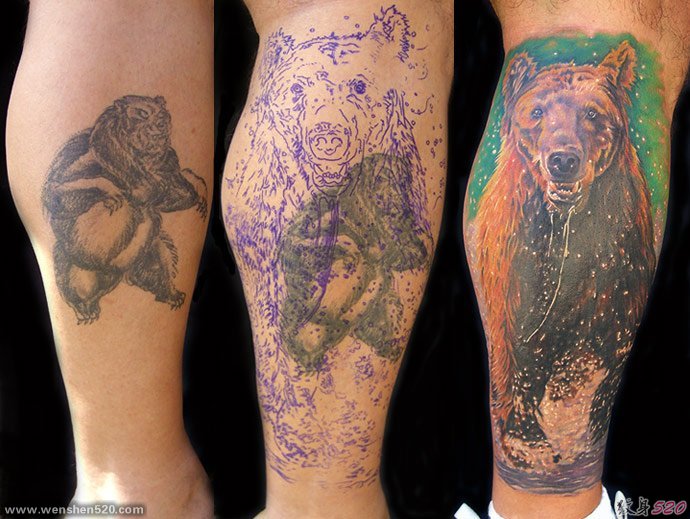小腿上用更帅气的彩色大熊覆盖原来失败的熊纹身图片