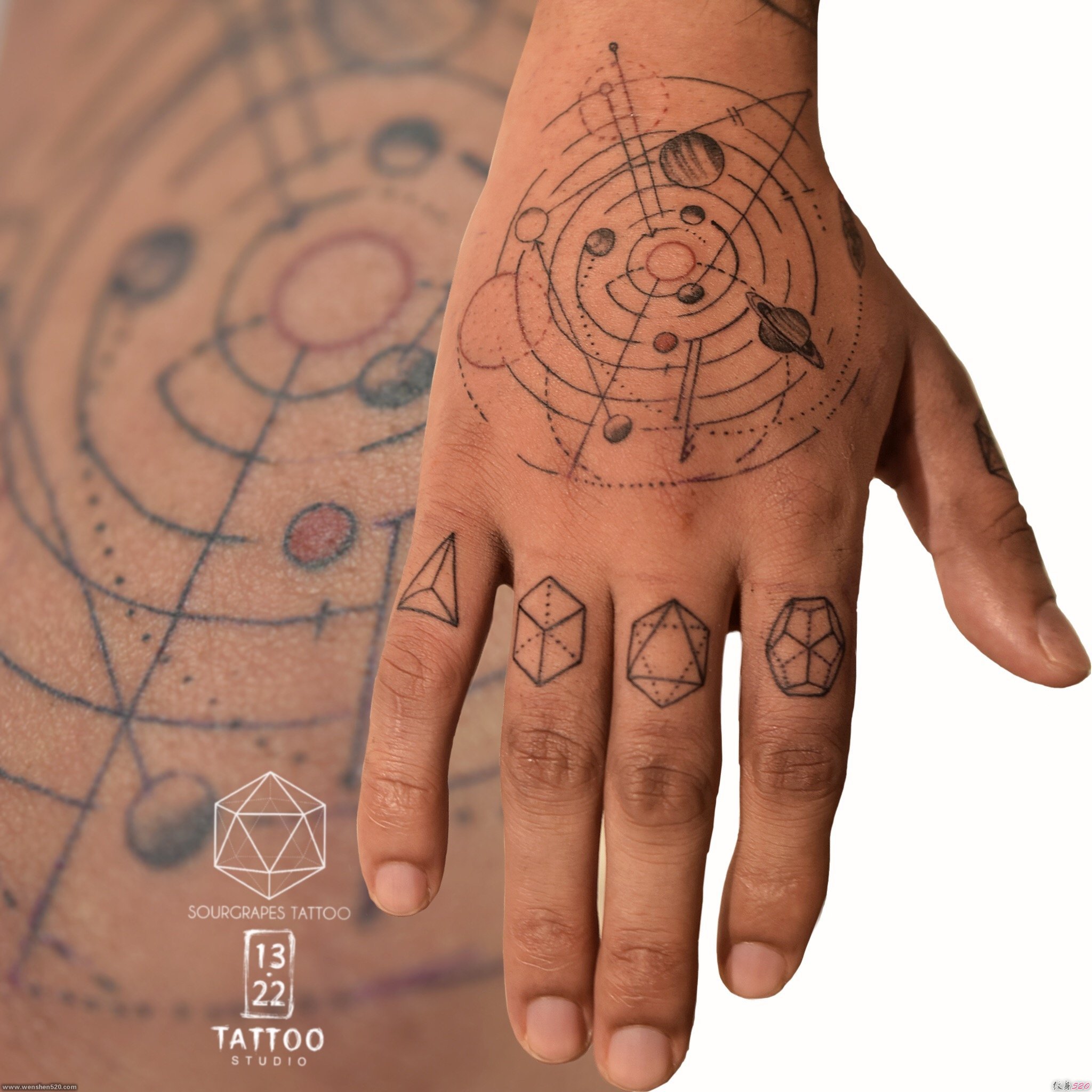 手背上的几何风格图形宇宙星纹身图片