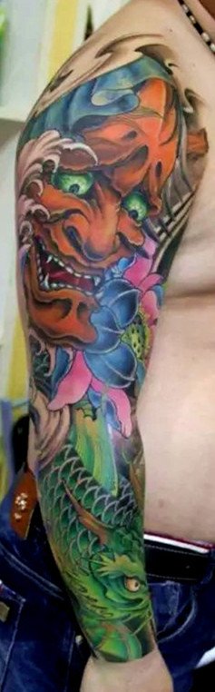 传统花臂纹身，传统彩色花臂纹身，安镇刺青店