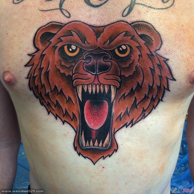 男性正面满胸愤怒的熊纹身图案