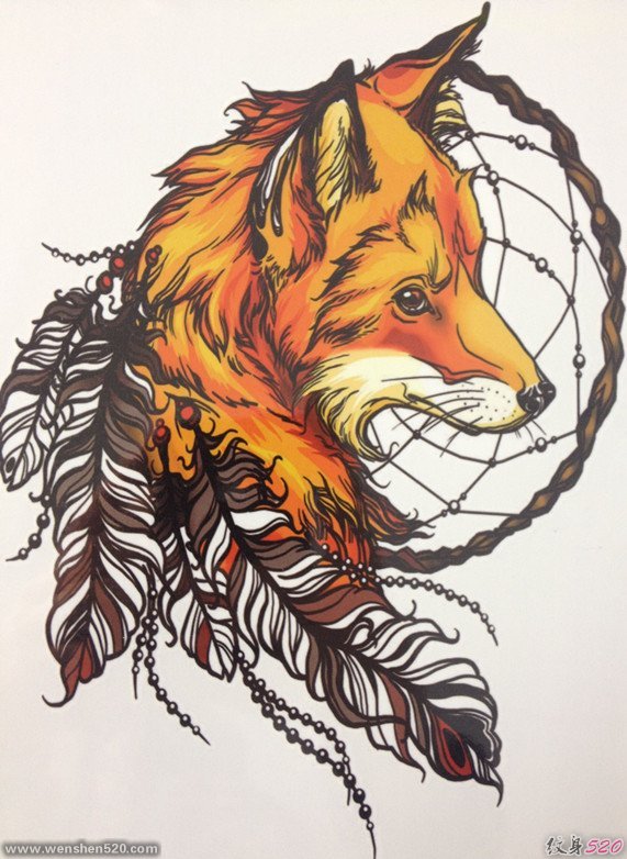漂亮的狐狸和捕梦网纹身图案手稿素材