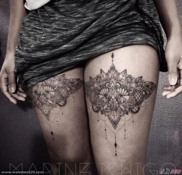 女孩性感大腿上漂亮的装饰风格曼陀罗花纹身图案