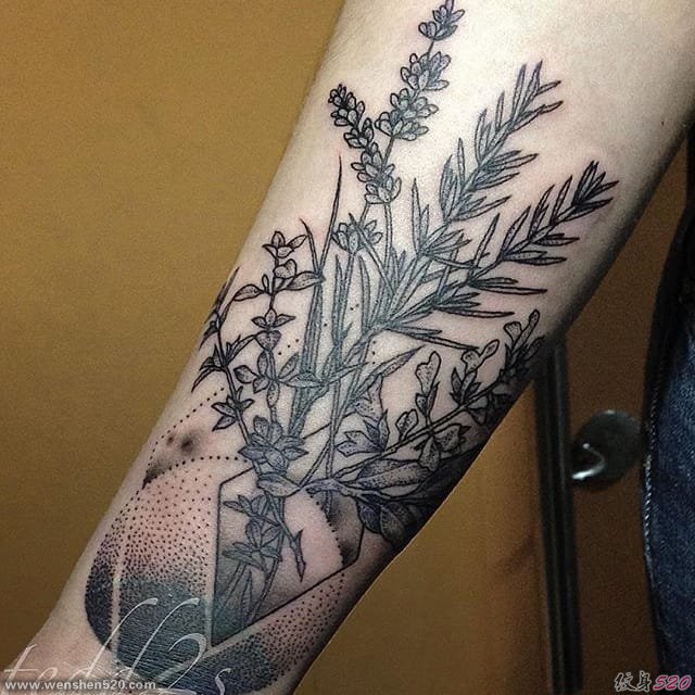 黑色的植物树叶和花纹身图案来自于纹身师泰德