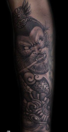小腿孙猴子纹身，孙悟空纹身图片，梅村纹身，远航纹身