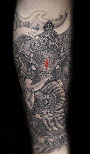 小腿象神纹身，3D象神纹身图片，无锡鸿山纹身店，远航刺青