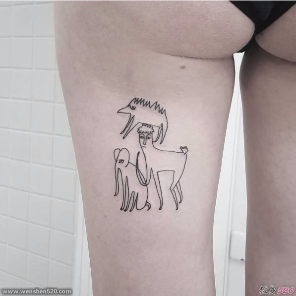 黑色的卡通动物和人物简易画纹身图案来自于纹身师比昂卡