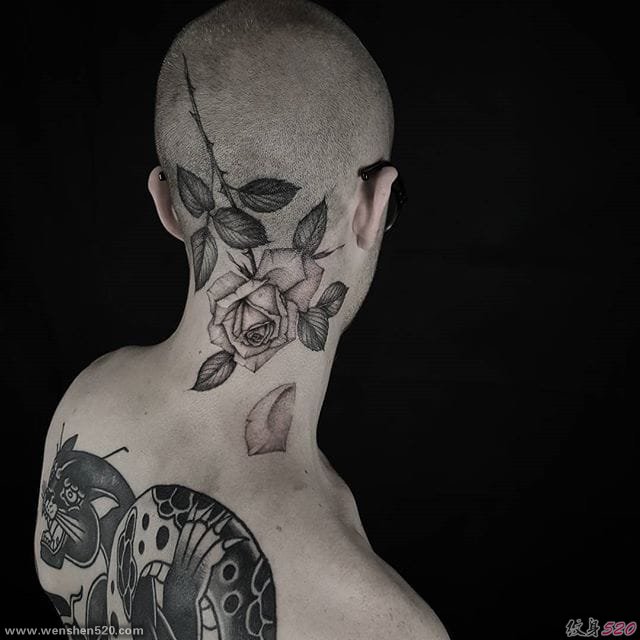 漂亮的黑灰色细线条玫瑰花纹身图案来自于纹身师爱德温