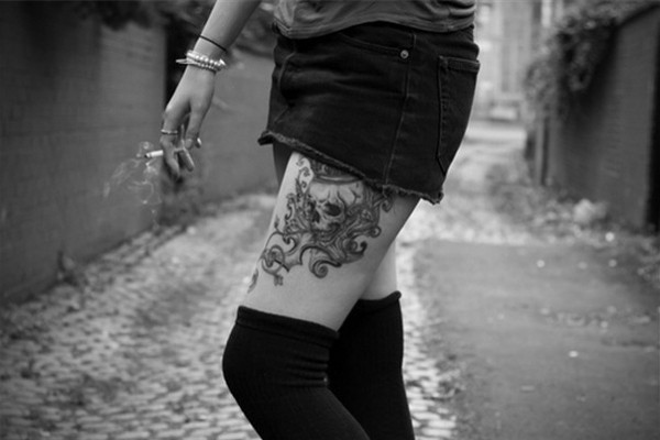 女性腿部骷髅图腾欧美创意刺青