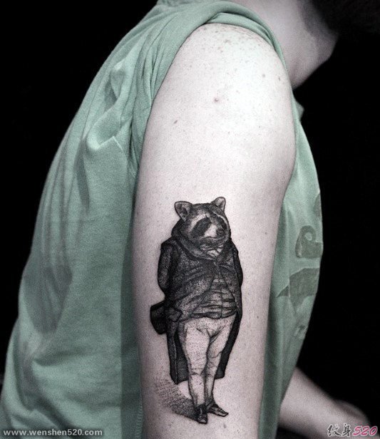 男性手臂上的各种可爱的浣熊纹身图案