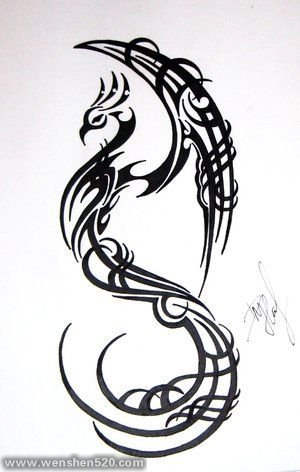 几款美丽的黑色凤凰部落图腾纹身图案手稿素材