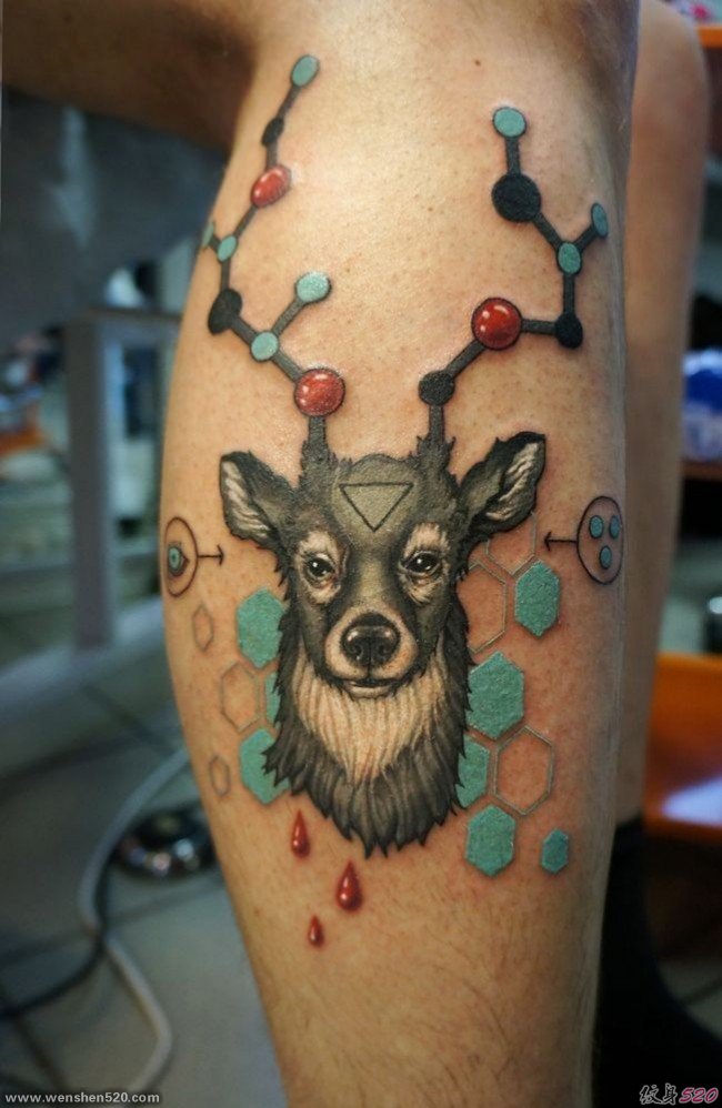 小腿上的个性风格鹿头纹身纹身图片