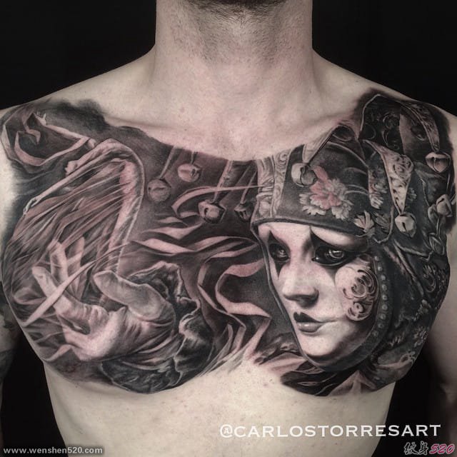 多款黑灰色大面积现实主义风格人物纹身图案来自卡洛斯