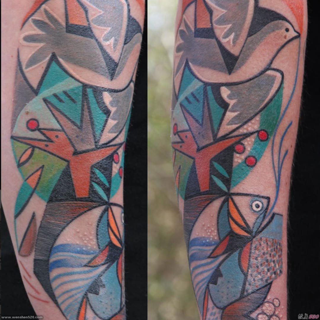 立体几何的现实主义人体艺术纹身图案来自纹身师彼得