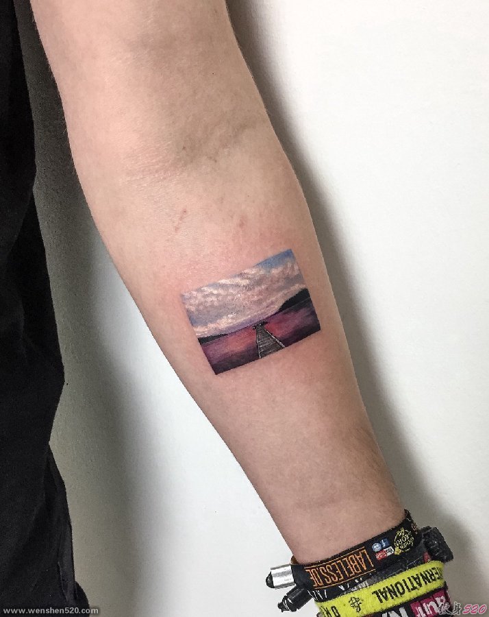 男性手臂上瑞典的日落纹身风景图片