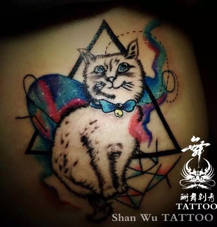 女生纹身，泼墨效果，可爱纹身，猫