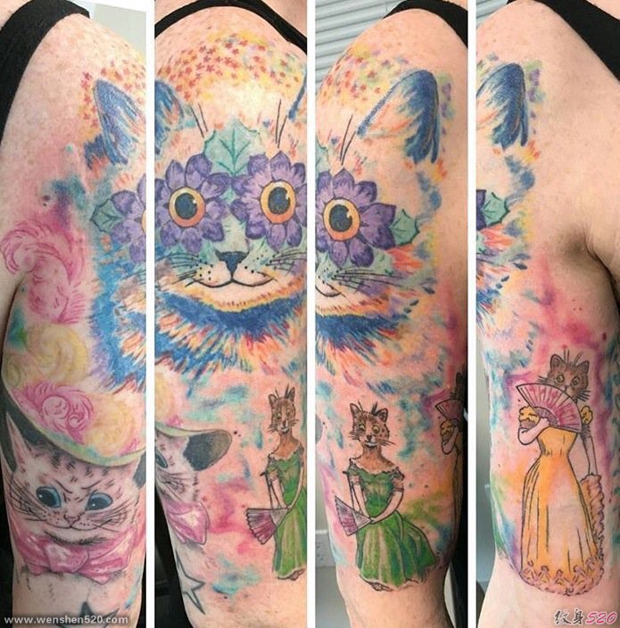 花臂漂亮的全彩猫咪纹身图片