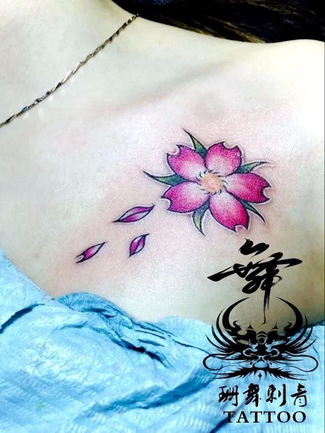 女性纹身，樱花，胸部纹身，小青新