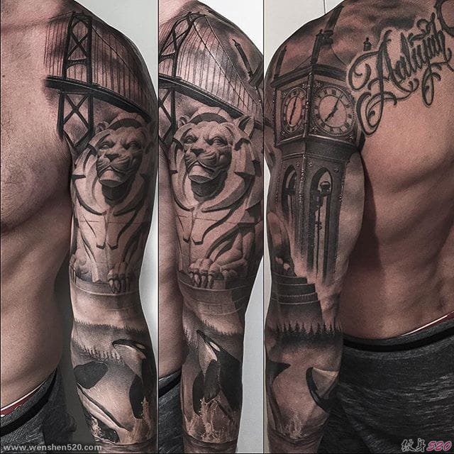 无可挑剔的黑灰色花臂纹身图案来自格雷格