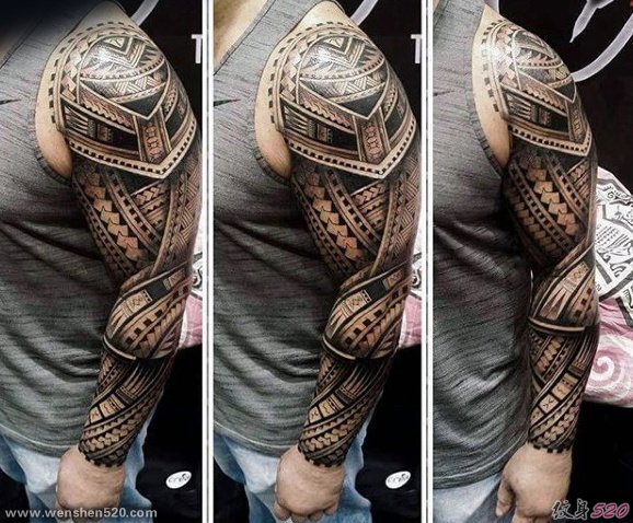 男性强壮有力的花臂部落图腾纹身图案