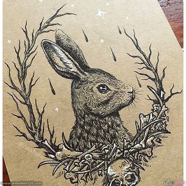 黑色的点刺纹身动物图案纹身简单手稿兔子图案