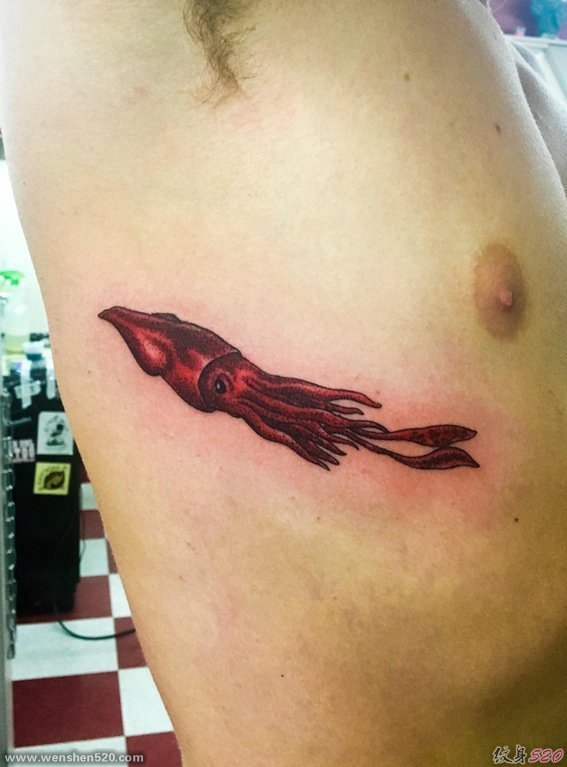 男性右肋上红色的巨型乌贼纹身动物图案纹身