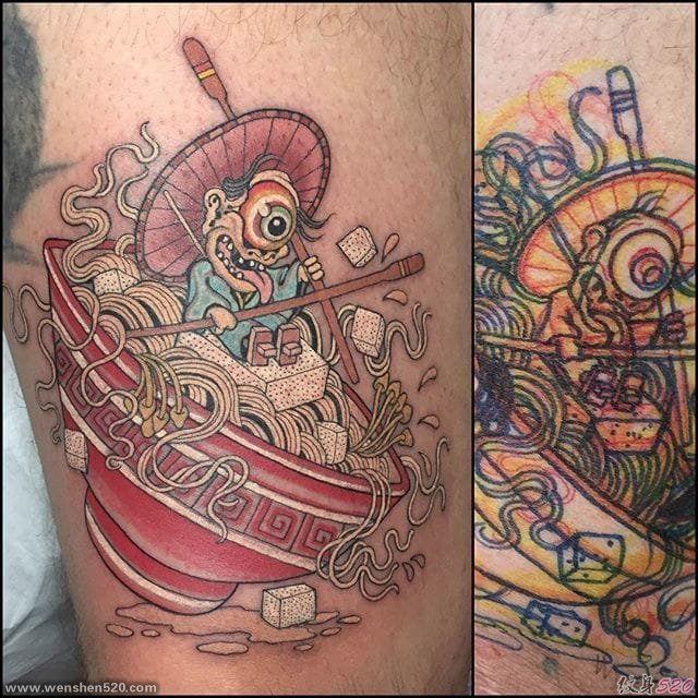 疯狂的彩色拉面和奇怪的海洋小动物食物纹身图案